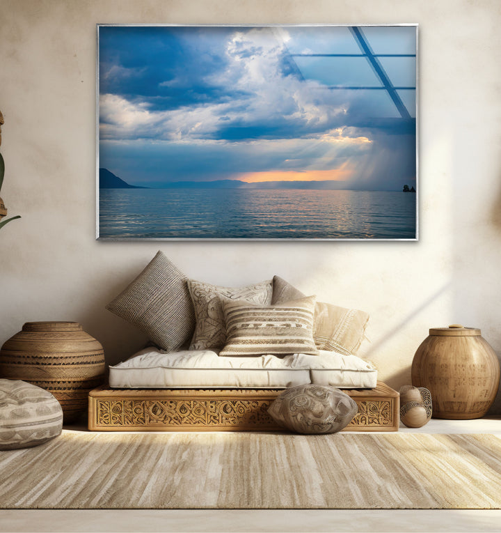 Stormy Ocean Sunset Wall Art – Moody Sea Glass Print with Sunlight Rays
