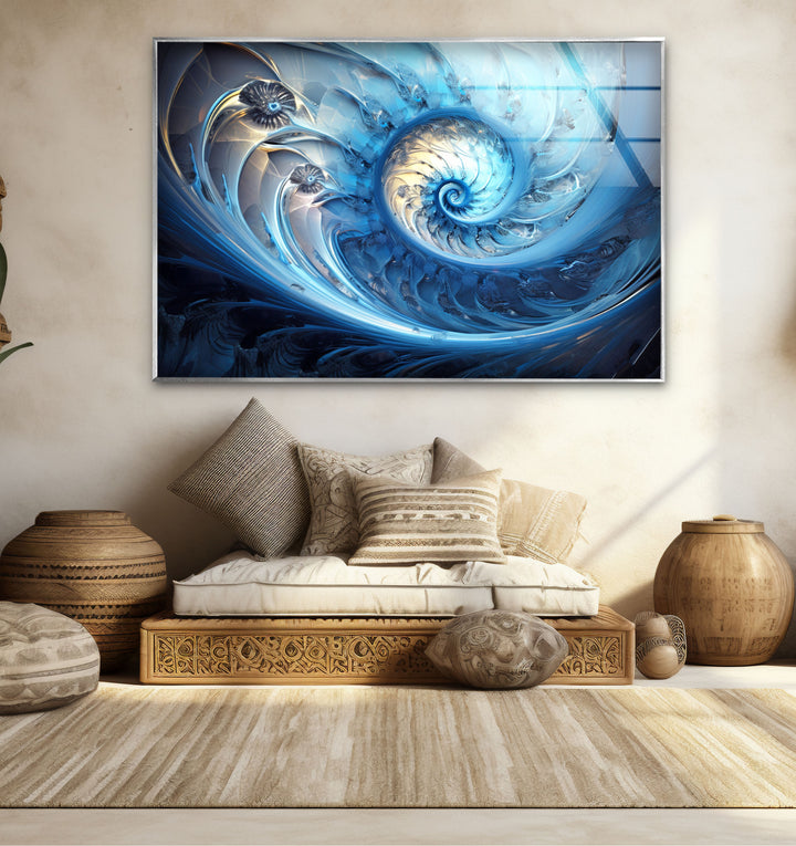 Blue Fractal Spiral Wall Art – Abstract Nautilus Glass Print for Modern Interiors