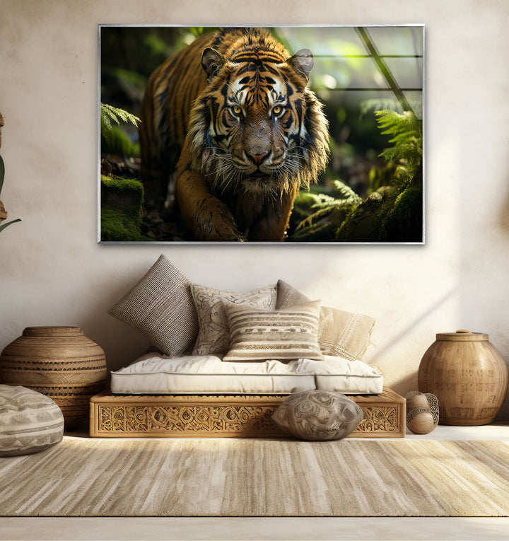 Wilder Tigerblick Wandkunst – Wildes Dschungel-Raubtier-Glasdruck-Dekor