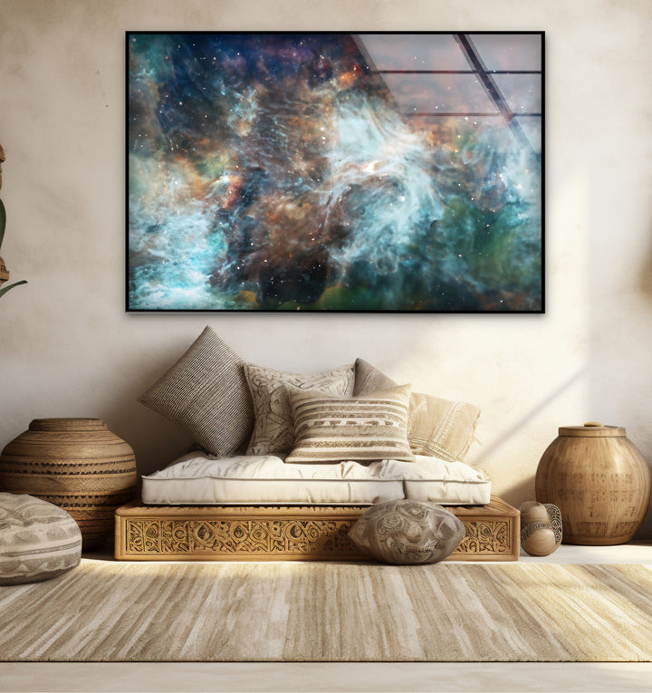 Wandkunst mit kosmischen Nebeln – Ätherischer Glasdruck aus den Tiefen des Weltraums für elegante Innenräume
