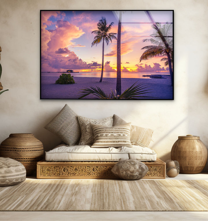 Tropical Sunset Beach Wall Art – Vibrant Palm Tree Ocean Scene Glass Print for Relaxing Home Decor