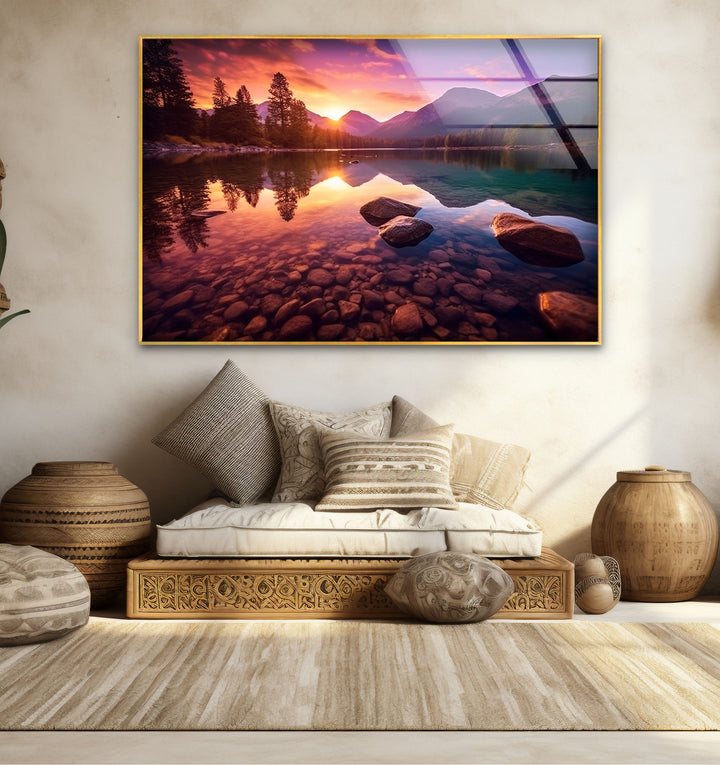 Bergsee Sonnenuntergang Wandkunst – Ruhige Natur Glas Landschaft Dekor
