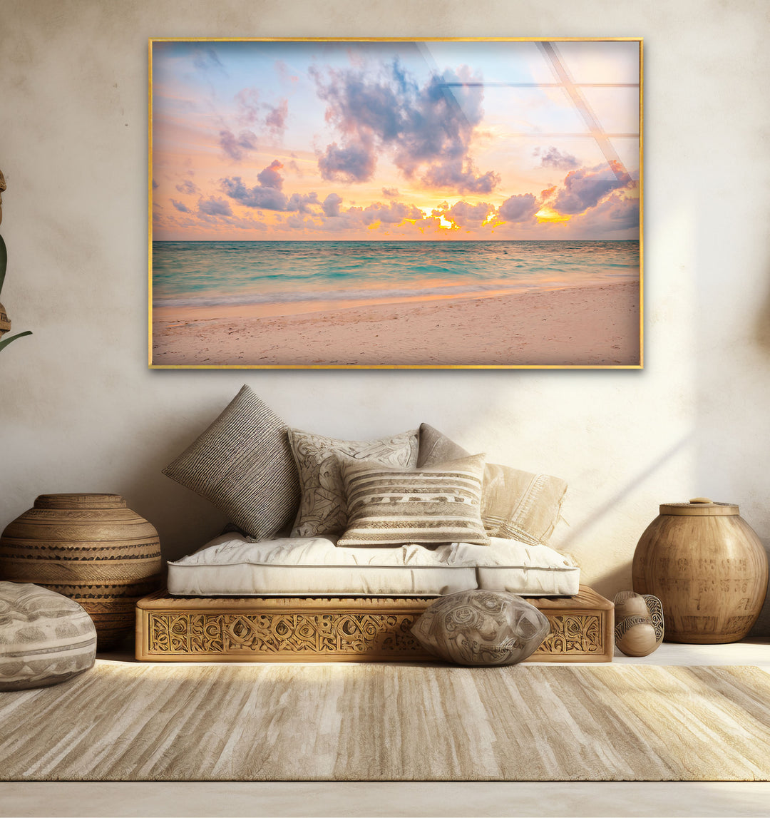 Pastel Beach Sunset Wall Art – Tranquil Ocean Shoreline Glass Print for Calm Spaces