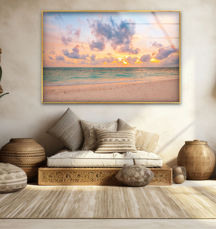 Pastel Beach Sunset Wall Art – Tranquil Ocean Shoreline Glass Print for Calm Spaces