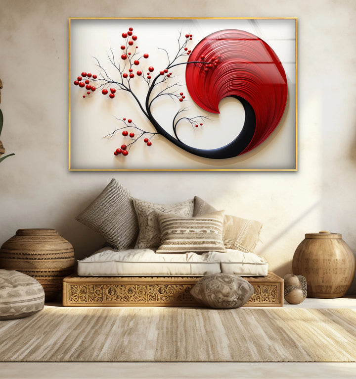 Red Abstract Botanical Wall Art – Modern Glass Decor with Cherry Elements - MyPhotoStation