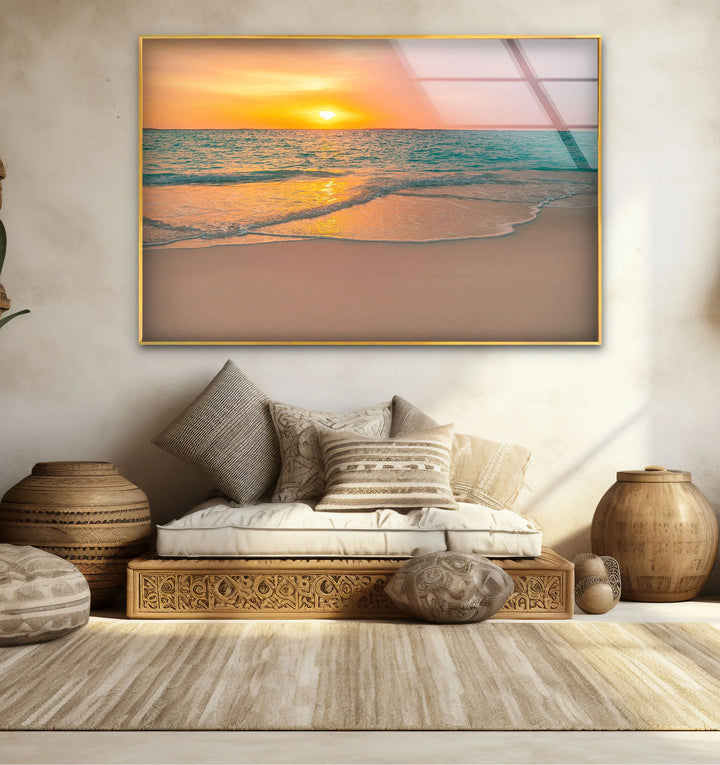 Tranquil Sunset Beach Wall Art – Coastal Ocean Waves with Soft Orange Glow - MyPhotoStation