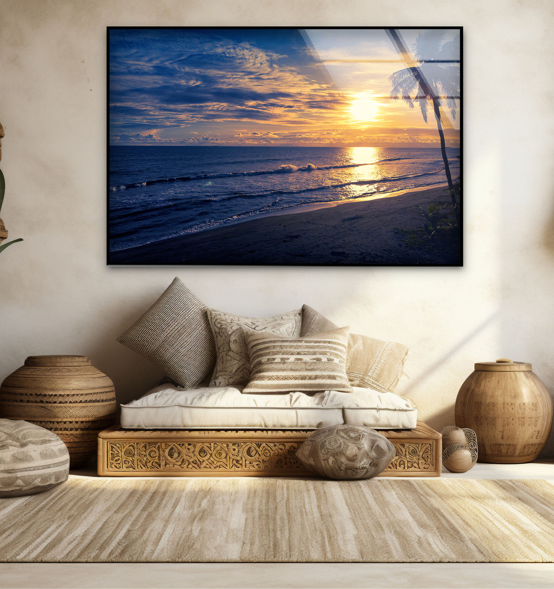 Golden Blue Beach Sunset Wall Art – Coastal Glass Print with Palm Silhouette