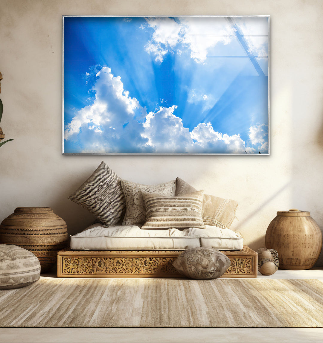 Heavenly Sky Light Rays Wall Art – Blue Cloudscape Glass Print for Uplifting Decor