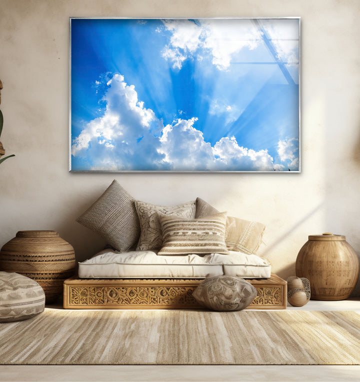 Heavenly Sky Light Rays Wall Art – Blue Cloudscape Glass Print for Uplifting Decor