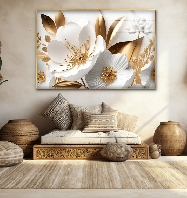Elegant White and Gold Floral Wall Art – Luxury Botanical Glass Print for Sophisticated Decor