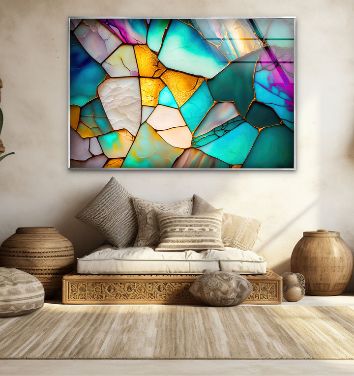 Modern Stained Glass Abstract Wall Art – Teal & Gold Geometric Glass Print