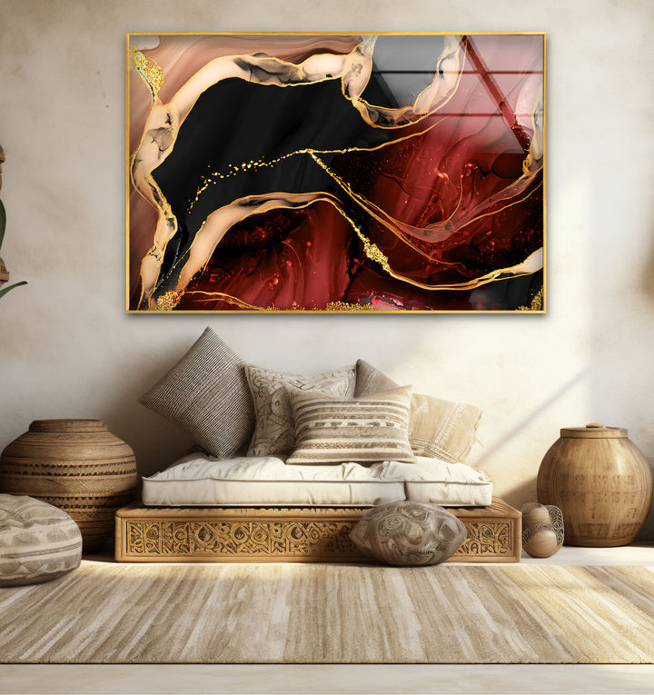 Red and Black Abstract Wall Art – Luxury Marble Glass Print with Gold Accents