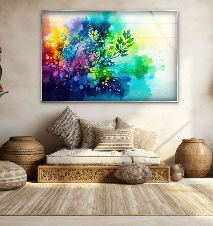 Vibrant Botanical Splash Wall Art – Colorful Nature-Inspired Glass Print for Creative Spaces