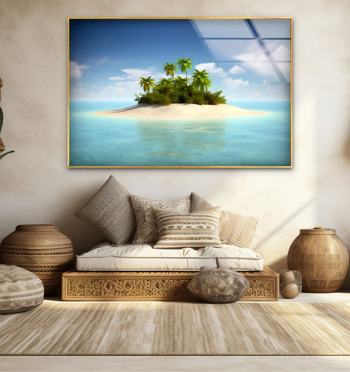 Tropical Island Escape Wall Art – Serene Beach Glass Print for Relaxing Interiors
