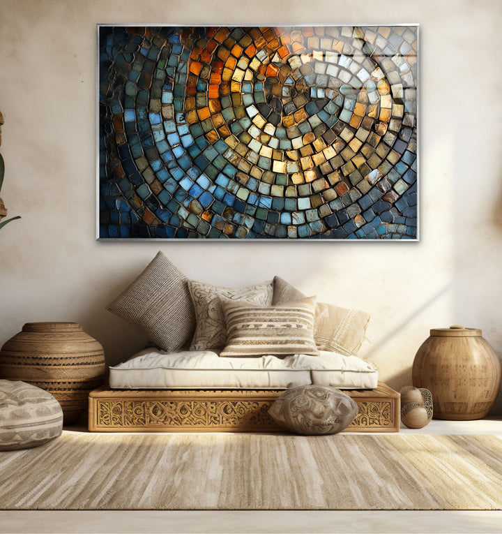 Rustikale Mosaik-Wandkunst – Abstraktes Spiraldesign aus Steinfliesen für moderne Innenräume