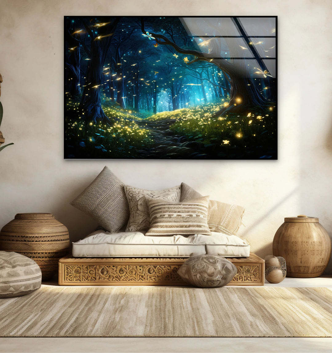 Enchanted Firefly Forest Wall Art – Magical Night Path Glass Print for Fantasy Decor - MyPhotoStation