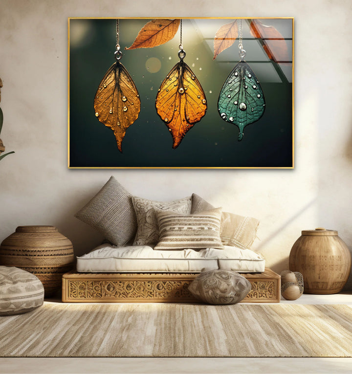 Autumn Dew Leaf Wall Art – Elegant Nature-Inspired Print with Golden & Teal Hues - MyPhotoStation
