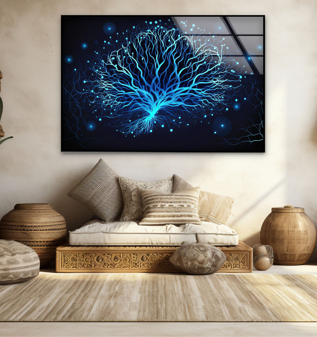 Neural Tree Wandkunst – Futuristischer blauer Nervenmuster-Glasdruck für elegante Innenräume