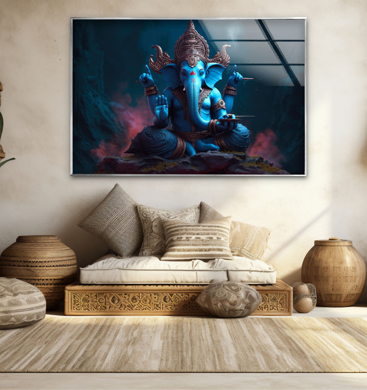 Blaue Ganesha-Wandkunst – Göttliche Hindu-Gottheit – Glasdruck für spirituelles Dekor 