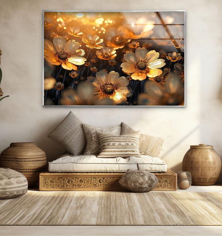 Goldene Gänseblümchenblüten-Wandkunst aus Glas – Strahlende florale Eleganz 