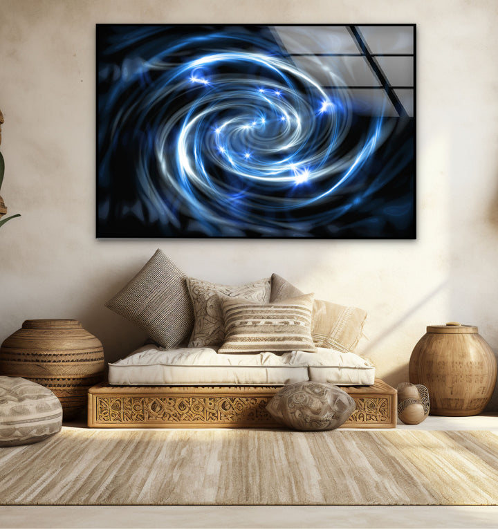 Spiralgalaxie-Wandkunst aus Glas – Blauer kosmischer Wirbel mit Sternenexplosionen