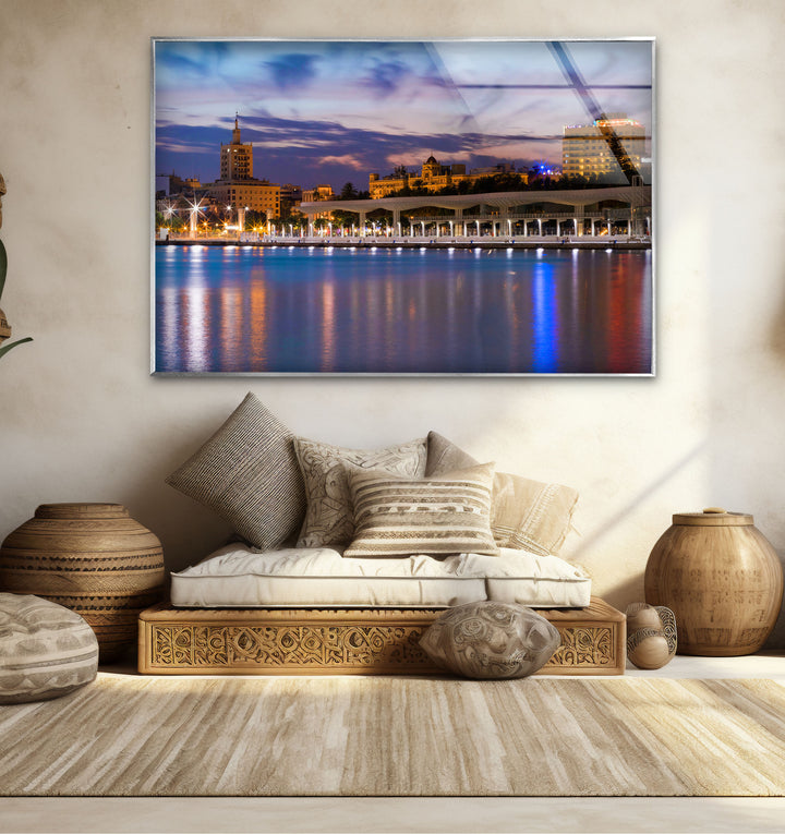 Malaga Waterfront Cityscape Wall Art – Dusk Skyline Glass Print for Urban Decor
