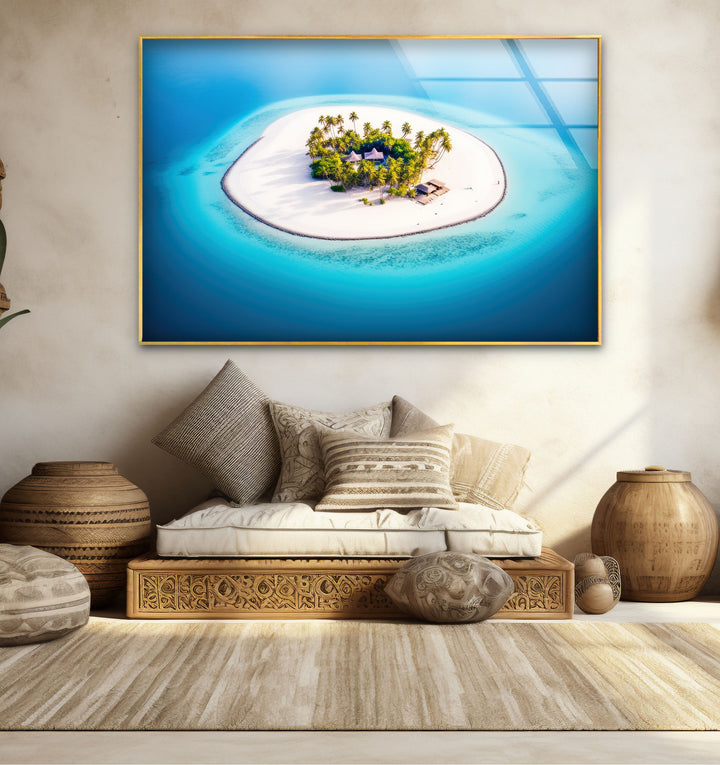 Tropical Island Wall Art – Aerial Beach Paradise Glass Print for Coastal Interiors