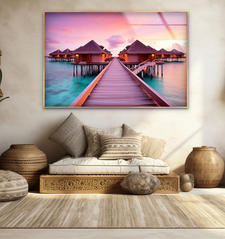 Maldives Sunset Resort Wall Art – Tropical Overwater Bungalows Glass Print Decor