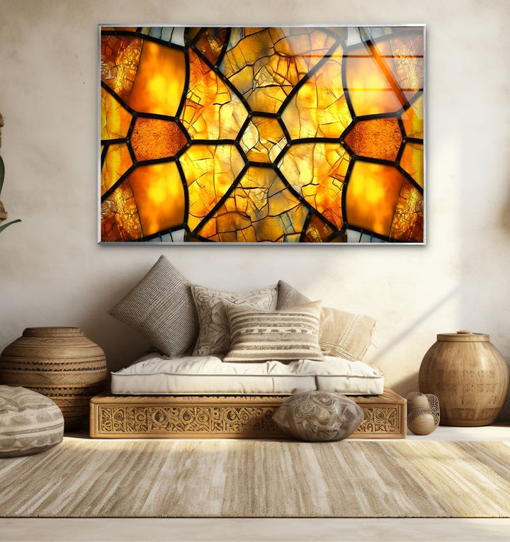 Golden Honeycomb Glass Wall Art – Amber Mosaic Geometric Decor