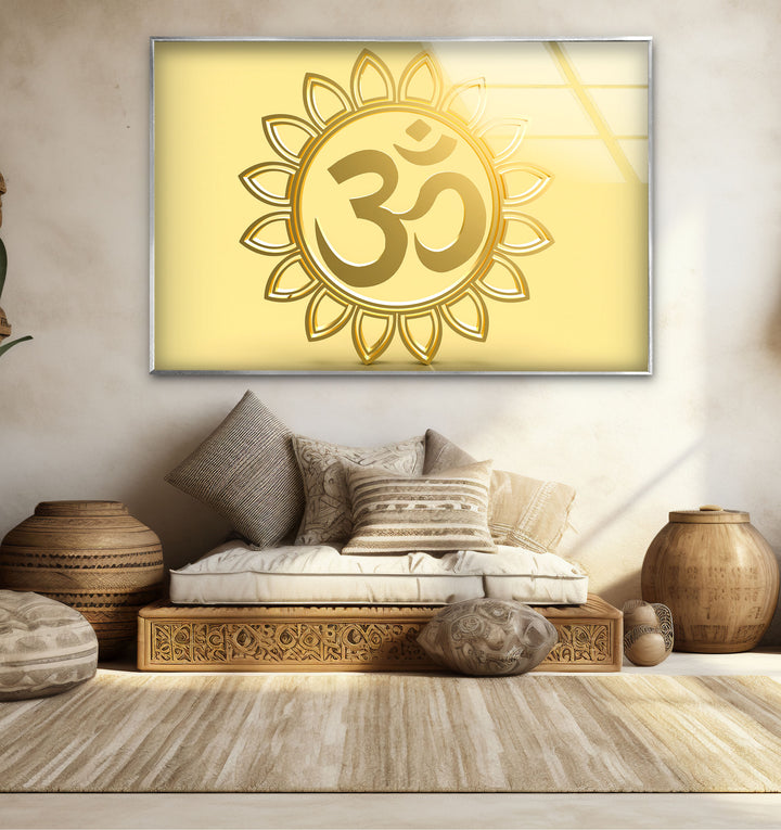Goldenes Om-Symbol Wandkunst – Spirituelles Hindu-Dekor Glasdruck