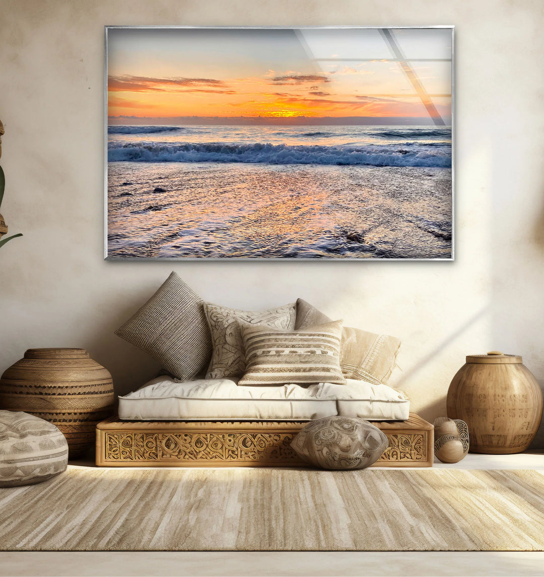 Golden Horizon Ocean Wall Art – Peaceful Sunset Beach Scene Glass Print - MyPhotoStation