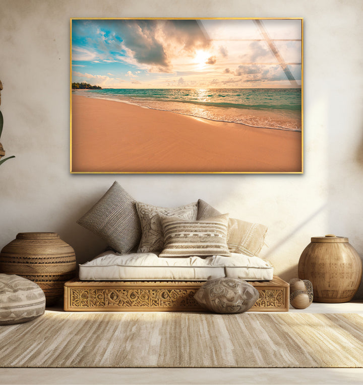 Golden Hour Beach Wall Art – Tranquil Ocean Sunset Print for Serene Spaces