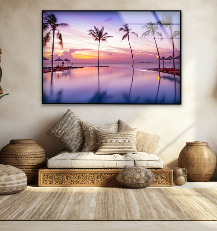 Tropical Sunset Pool Wall Art – Palm Tree Reflection Glass Print for Relaxed Interiors