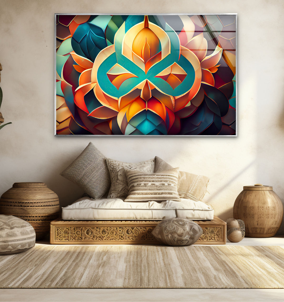 3D Geometric Mandala Glass Wall Art – Vibrant Abstract Lotus Design