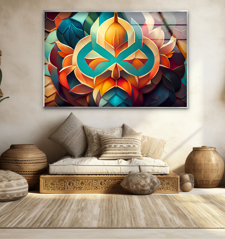 3D Geometric Mandala Glass Wall Art – Vibrant Abstract Lotus Design