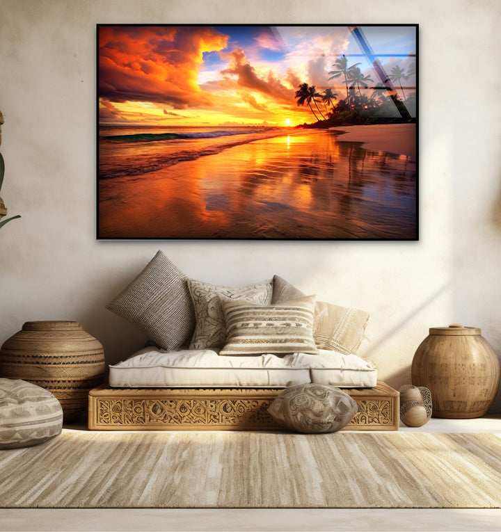 Fiery Tropical Sunset Wall Art – Vibrant Beach Reflection Glass Print for Bold Interiors