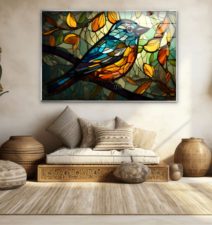 Stained Glass Bird Wall Art – Colorful Songbird on Branch, Nature-Inspired Decor