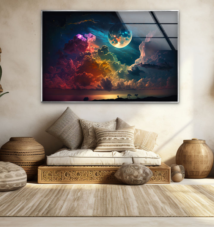 Verträumte Mondaufgang-Wandkunst – Fantasy-Himmel und Wolken-Glasdruck