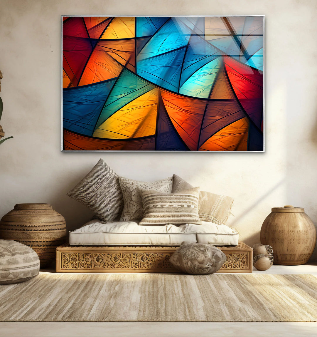 Colorful Abstract Geometric Glass Wall Art – Bold Triangle Pattern Decor - MyPhotoStation