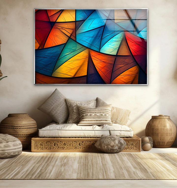 Colorful Abstract Geometric Glass Wall Art – Bold Triangle Pattern Decor - MyPhotoStation