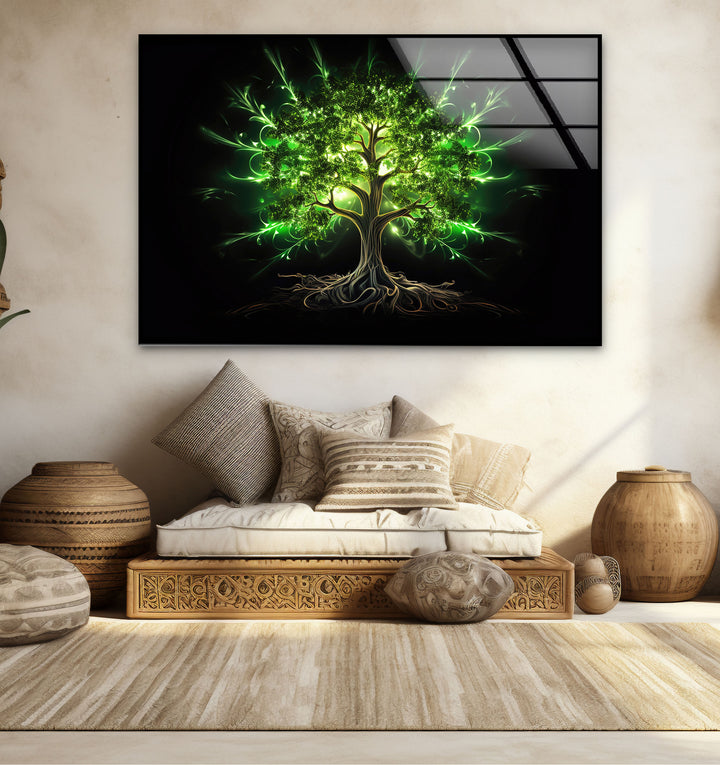 Enchanted Green Tree Wall Art – Glowing Nature-Inspired Glass Print with Dark Fantasy Vibes