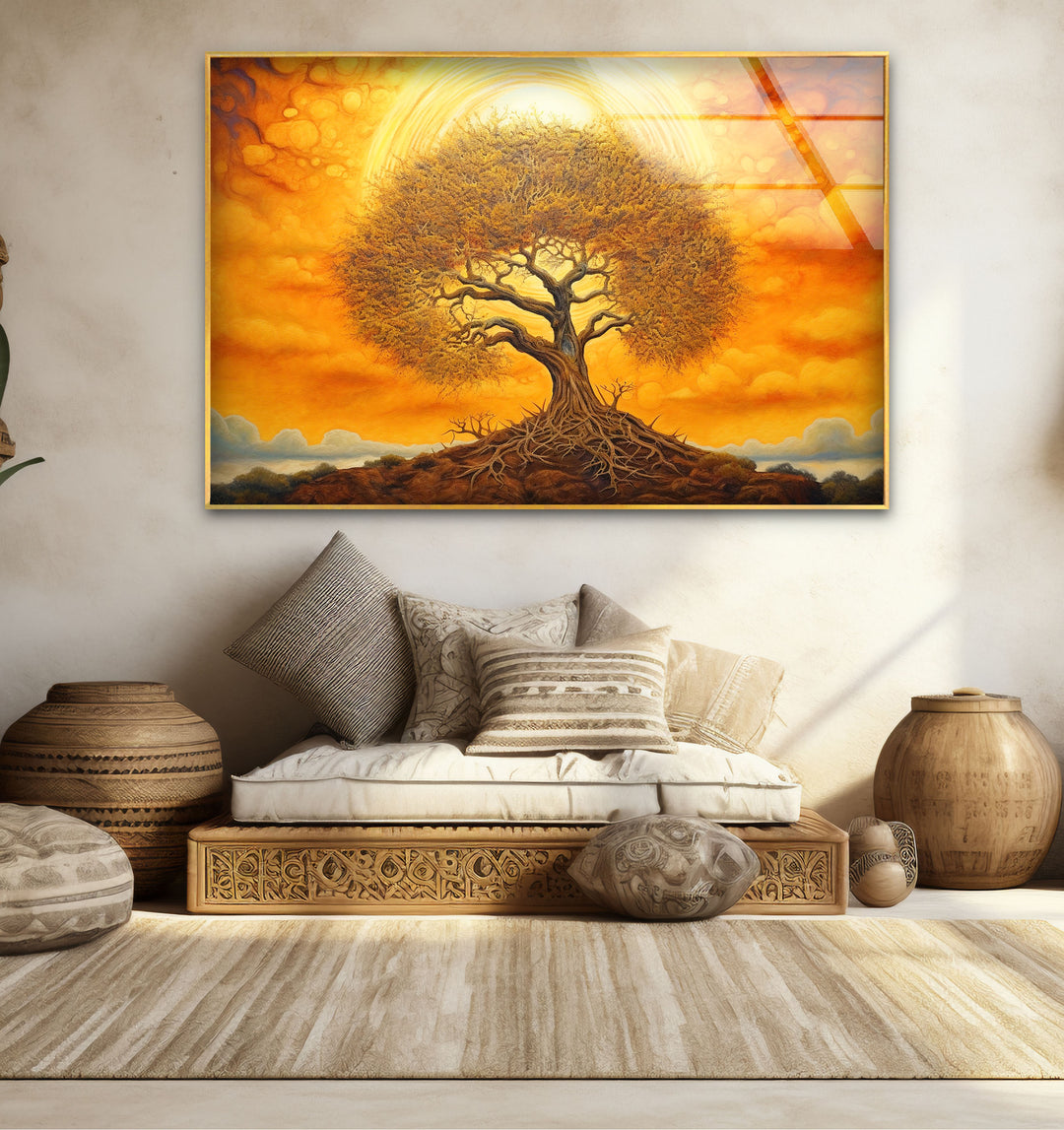 Surreal Tree of Life Wall Art – Glowing Sunset Glass Print for Spiritual and Nature-Inspired Decor