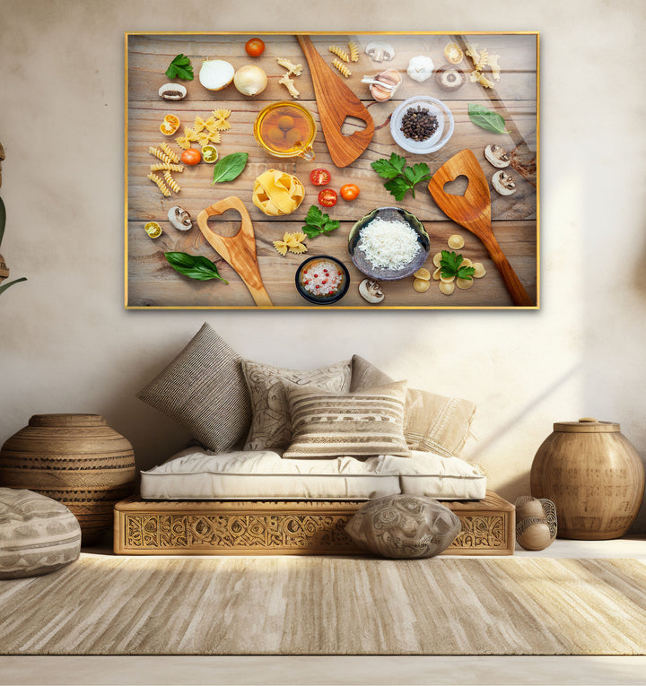 Rustic Italian Kitchen Wall Art – Culinary Glass Print Featuring Pasta, Spices & Wooden Utensils