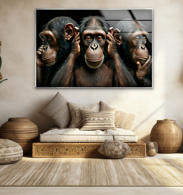 Three Wise Monkeys Wall Art – Speak No Evil Hear No Evil See No Evil Glass Print