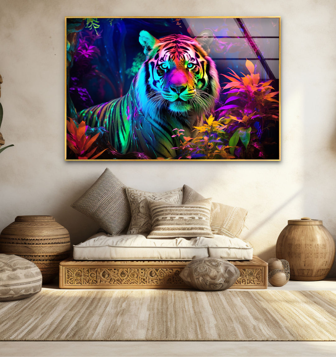 Neon Jungle Tiger Wandkunst – Lebendiger Wildlife-Glasdruck für mutige Innenräume