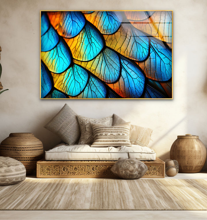 Blue Gold Leaf Texture Wall Art – Abstract Nature Pattern Glass Print