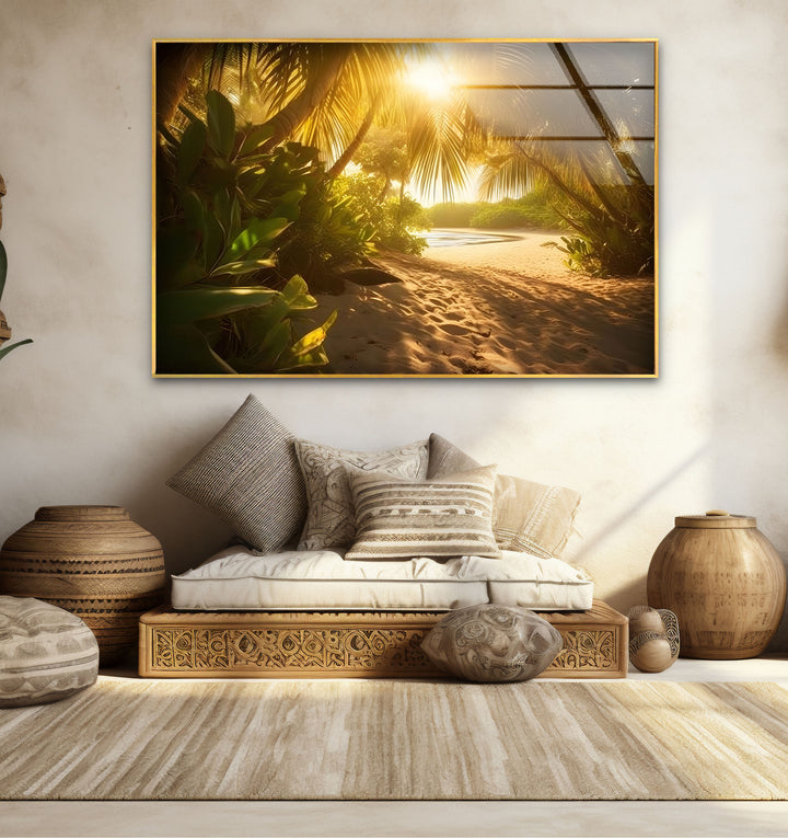 Golden Forest Beach Wall Art – Tropical Palm Tree Pathway Glass Print for Tranquil Nature-Inspired Decor