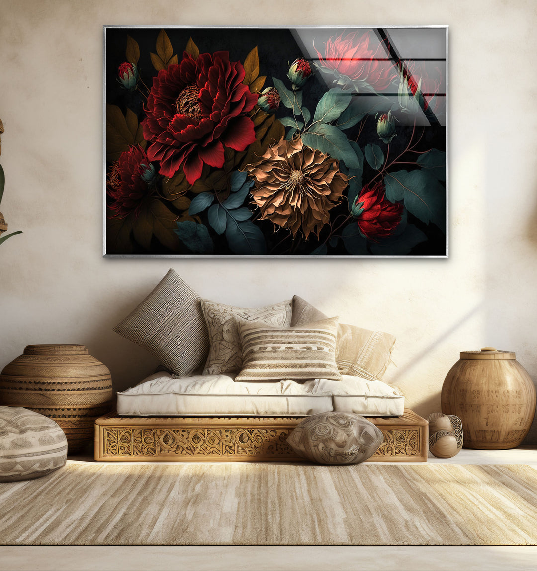 Dark Floral Elegance Wall Art – Red & Gold Botanical Glass Print