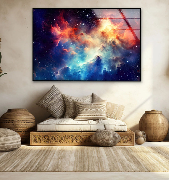 Nebula Galaxy Wall Art – Cosmic Cloud Glass Print with Vibrant Blue & Red Starburst for Futuristic Space-Inspired Decor - MyPhotoStation