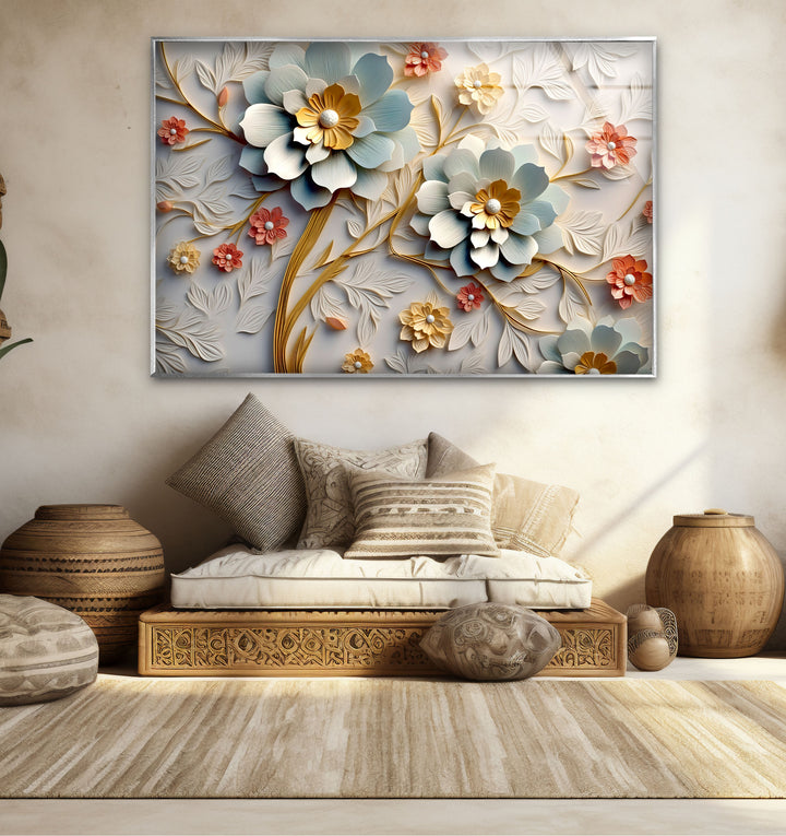 3D-Wandkunst mit blühenden Blumen – Eleganter Blumendruck aus geprägtem Glas 